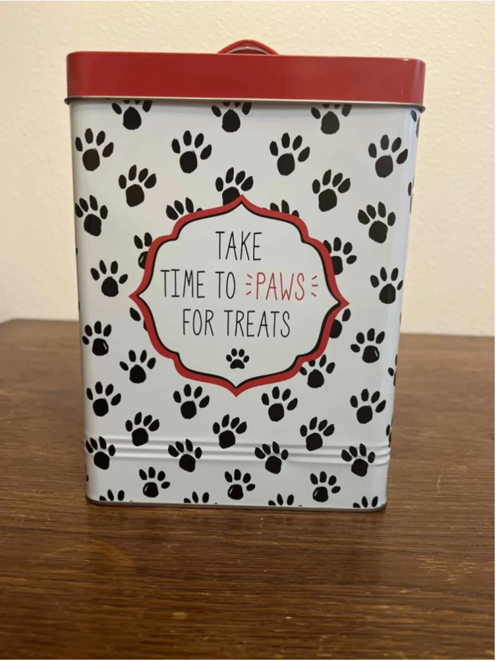 Daisy & Oliver Paws for Treats Metal Dog Treat Container Red Lid Paw Print Tin
